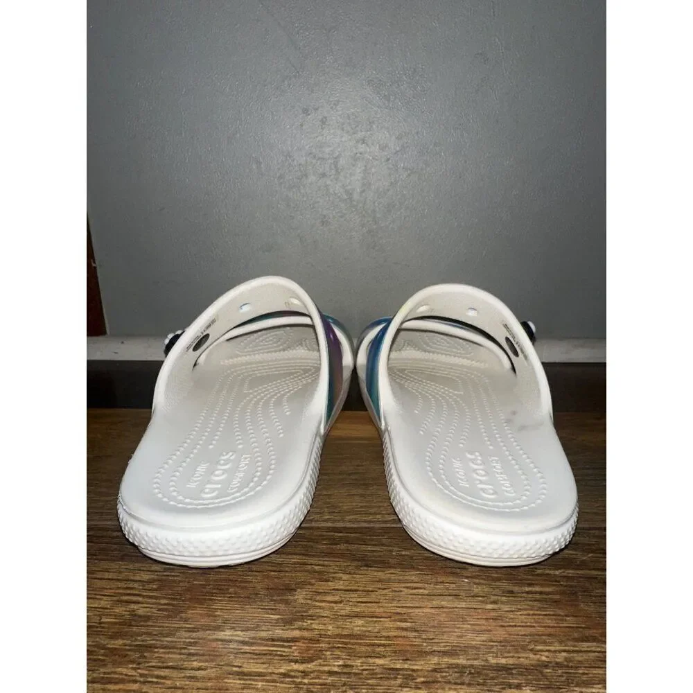 CROCS White Slide Sandals with Rainbow Gradient Straps